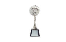 An elegant Kaniva Trophy with a white globe on top, mounted on a sleek base, perfect for awarding excellence in pet care or competitions.
