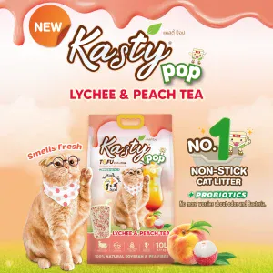 Natural Kasty Pop tofu cat litter with lychee and peach tea scent, featuring probiotics and non-stick formula for fresh, odor-free cat litter.