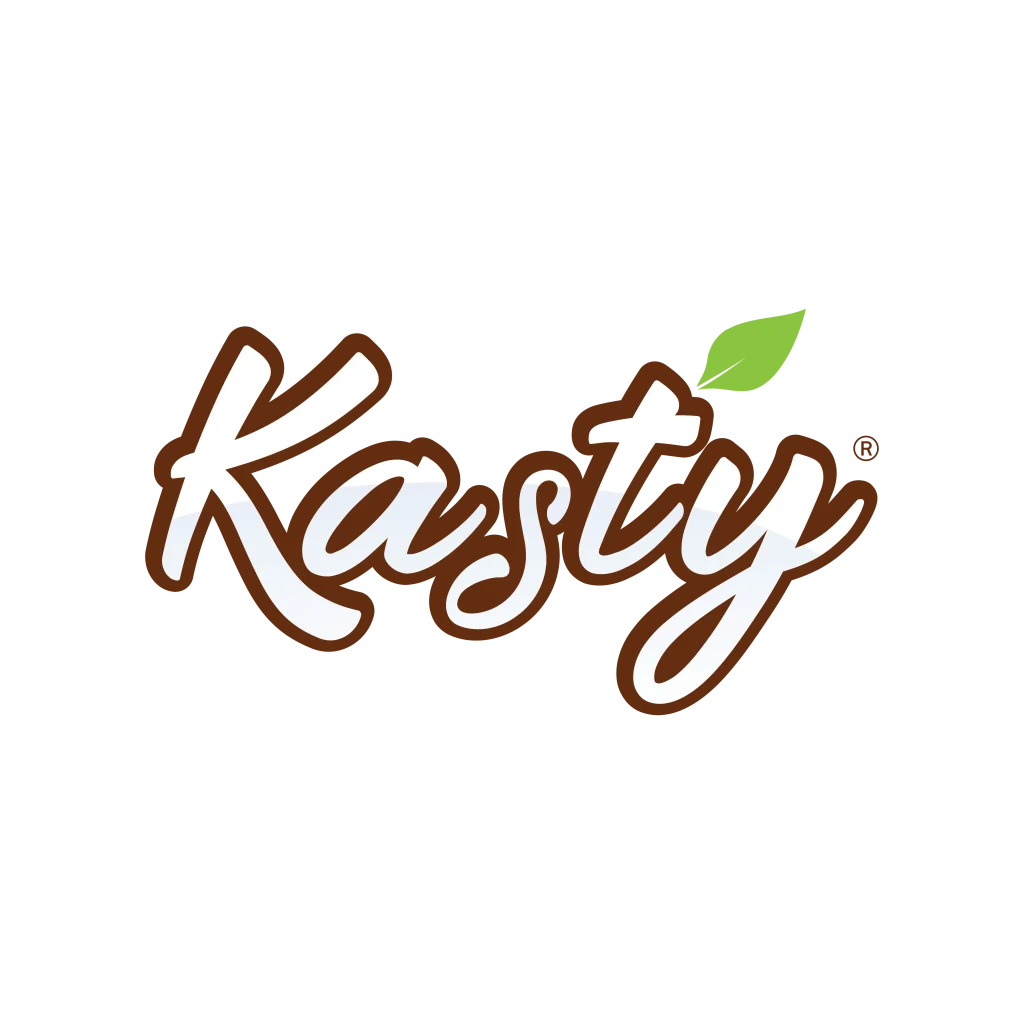 Kasty pet food logo featuring a green leaf, representing natural and healthy pet nutrition.